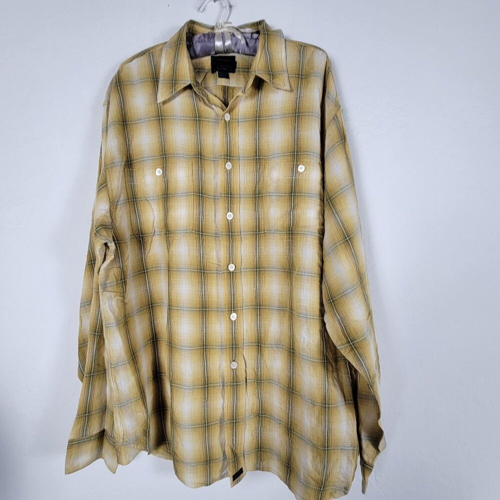 Tommy Bahama Indigo Palms Mens Large Plaid Button-Up Shirt Beige Linen Blend